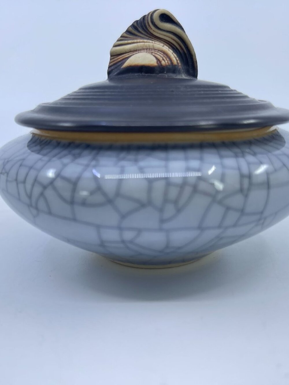andrew maccorkindale studio pottery covered jar raku-style blue crackle glaze